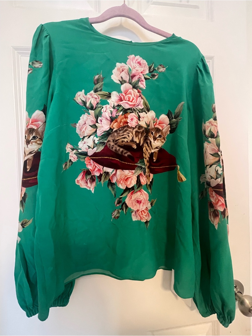 Rare & Iconic Dolce & Gabbana Green Silk "Bengal Cat & Peonies" Blouse